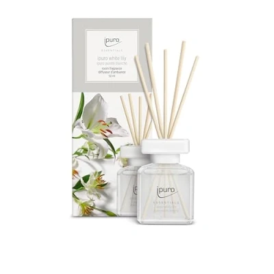 Abbildung von ipuro Essentials Raumduft White Lily 50ml Raumerfrischer mit Pfirsich, Maiglöckchen, Jasmin, Nelke, weißem Moschus &amp; Zedernholz Duft Aroma Diffuser Stäbchen Lufterfrischer für Wohnung