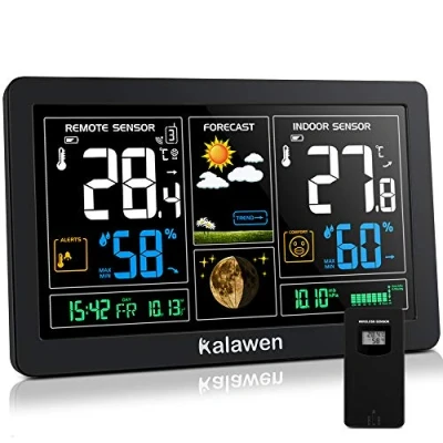 Abbildung von Kalawen Wetterstationen Innen und Außentemperatur Funk mit Wettervorhersage, Wetterstation Außensensor, Funkwetterstation DCF Funkuhr Weather Stations Batteriebetrieb Netzbetrieb Schwarz