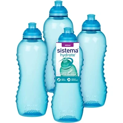 Abbildung von Sistema Twist &#039;n&#039; Sip Squeeze Sports Wasserflasche auslaufsichere 460 ml BPA frei blau 4 Stück
