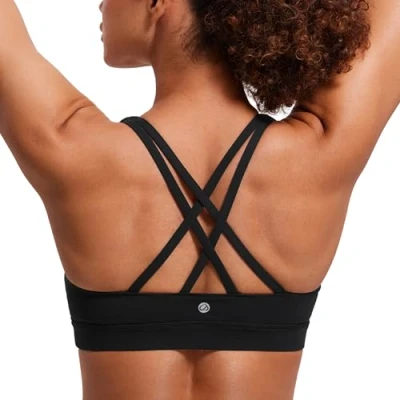 Abbildung von CRZ Yoga Damen Ohne Bügel Sport BH Gekreuzt Rücken Spaghetti Top Abnehmbare Pads Croptop Schwarz Logo XL