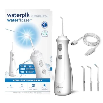 Abbildung von Waterpik Kabellose Munddusche, wiederaufladbar, elektrische Zahnreinigung, ideal zur Plaque Entfernung, für unterwegs oder zu Hause Weiß