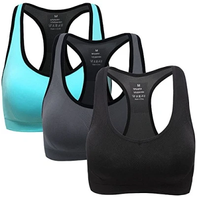 Abbildung von ANGOOL Damen Komfort Klassische Racerback Sport BH Top Fuer Yoga Fitness Training, Schwarz+grau+azurblau, L Fit 80D 80DD 80E 85D 90BC 90D