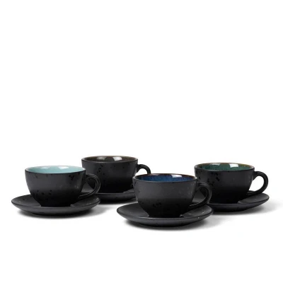 Abbildung von BITZ Tassen, Kaffeetassen mit Untertasse, Steingut, 24 cl, 4er Set, Blau, Grün, Hellblau, Grau