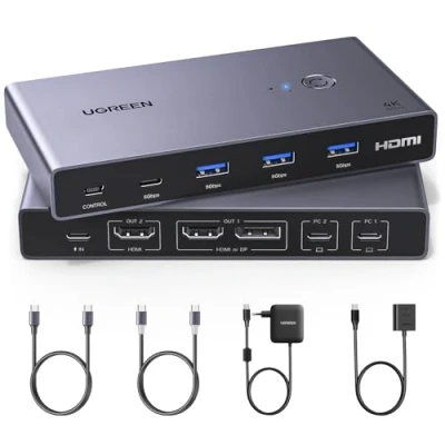 Abbildung von UGREEN USB C KVM Switch 2 PC Monitore, Inputs Outputs mit 4 3.0 Ports, 4K@60Hz, Laptops teilen sich zwei Monitore Tastatur, Maus, Festplatte, Drucker PD100W Netzteil