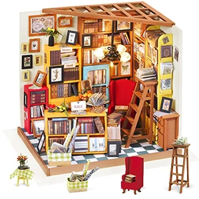 Abbildung von Rolife Miniatur Puppenhaus Kit DIY Holz Bibliothek Haus Modell für Mädchen und Jungen Kinder 14 15 16 17 Jahre Alt(Sam&#039;s Study)