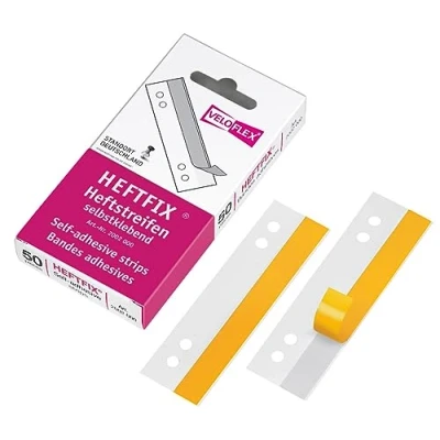 Abbildung von VELOFLEX 2002000 HEFTFIX Heftstreifen, Abheftstreifen, 105 mm lang, 50er SB Packung, selbstklebend, glasklar