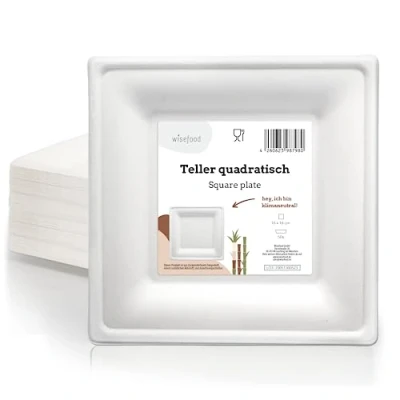 Abbildung von wisefood Zuckerrohr Teller 50 Stück Bagasse Einwegteller quadratisch 16cm Einmal Pappteller ideal als Partyteller oder Speiseteller Nachhaltiges Einwegeschirr ohne PLA/PE