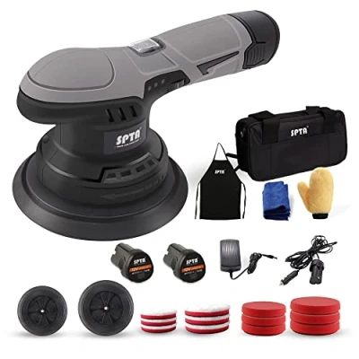 Abbildung von SPTA Akku Wachsmaschine, 125mm, 150mm Dual Action Poliermaschine Polierer mit 6 Stufen, austauschbare Akkus 12V, 2X Polierhauben, 6X Polierschwamm, Polierpad zum Wachsen LD601EU
