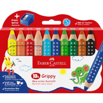 Abbildung von Faber Castell 110636 Set Grippy, 10 Jumbo Buntstifte für Kleinkinder, leicht abwaschbare Malstifte Kinder, ergonomische dreieckige Form, dicke Buntstifte, 10mm Mine, Anspitzer Inklusive