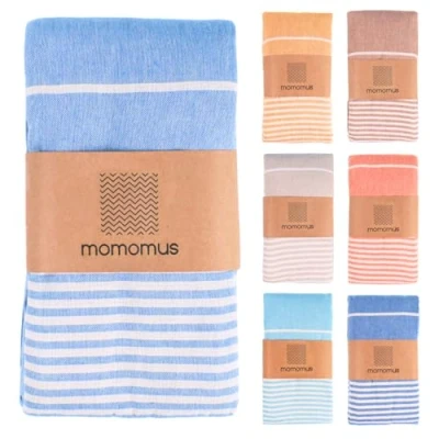 Abbildung von MOMOMUS Fouta XXL, Sandfrei, mit Fransen Großes Strandtuch aus Baumwolle, Sandabweisend Ideal für Picknicks am Strand Hellblau 210x240 cm