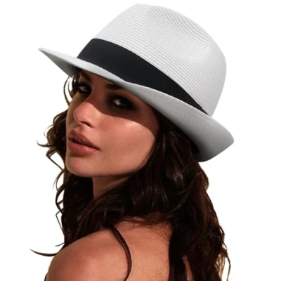 Abbildung von DRESHOW Damen Panama Hut Breiter Krempe Stroh Sommer Fedora Strohhut Aufrollen Strand Rollbar UV Sonnenhut UPF 50 +