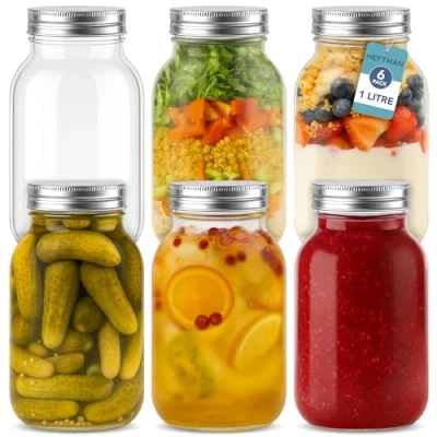 Abbildung von HEFTMAN Einmachgläser mit Schraubdeckel 1L 6 Luftdicht Overnight Oats Gläser für Hausgemachte Marmelade, Babynahrung Große Deckel, Mason Jar, Sauerteig Glas, Meal Prep Glas