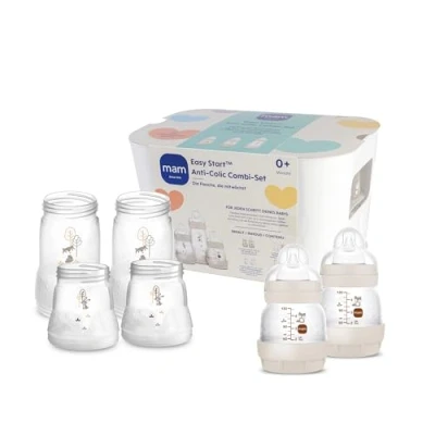 Abbildung von MAM Easy Start Anti Colic Combi Set, Babyflaschen Set mit 6 Flaschen gegen Koliken (2 x 130 ml, 160 260 ml) &amp; Flaschenkorb, Babyausstattung ab der Geburt, beige