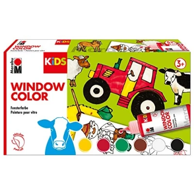 Abbildung von Marabu 0306000000010 Kids Window Color Farmer mit 6 x 80 ml Farbe, Malvorlage A3 25 Motiven und Folie A4, Fenstermalfarbe auf Wasserbasis, geeignet für Glas, Spiegel, Fliesen