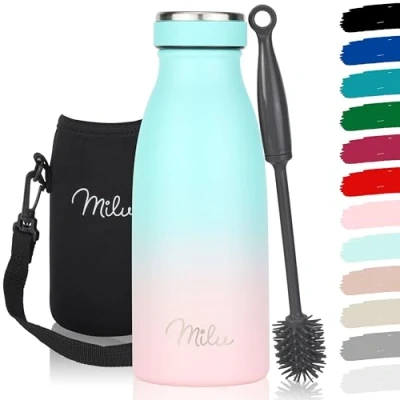 Abbildung von Milu Edelstahl Trinkflasche 350ml, 500ml, 750ml, 1L, 1,5L Thermosflasche für Kinder Erwachsene auslaufsicher Isolierflasche Kohlensäure geeignet inkl. Reinigungsbürste (Mint Pink, 350ml)