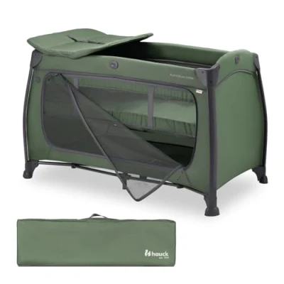Abbildung von hauck Play N Relax Center, Dark Green Kinderreisebett mit Neugeboreneneinhang, Wickelauflage, Transporttasche, XL Schlupf Klein Zusammenklappbar Baby Reisebett Kleinkind ab Geburt bis 15 kg