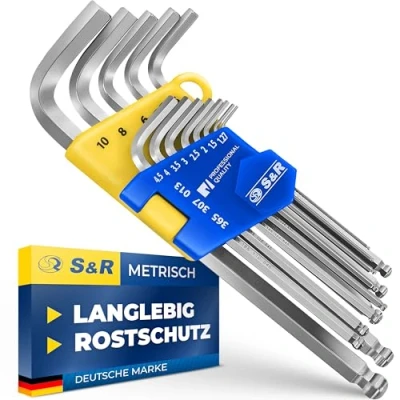 Abbildung von S&amp;R Innensechskantschlüssel Satz HX, 13 tlg mit Kugelkopf, Innensechskant LANG, 1,27 bis 10 mm, Cr V Stahl gehärtet, Winkelschlüssel rostfrei, Sechskant Schlüssel Set in stabilem Klapp Halter