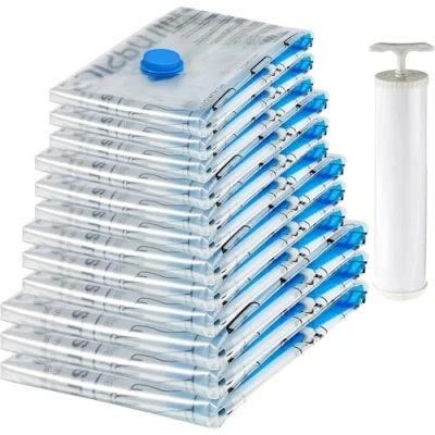 Abbildung von Amazon Basics Vakuumbeutel für Kleidung mit Luftdichtem Ventil und Handpumpe Mehrere, 3 x Jumbo, Groß, Mittelgroß, Klein, 12er Pack, Reißverschluss, Durchsichtig