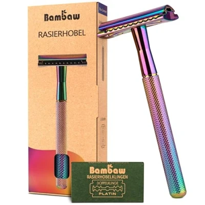Abbildung von Bambaw Metall Rasierer Herren und Damen mit 5 Rasierklingen Rasierhobel Klassisch Zero Waste Umweltfreundlich Eco Double Edge Razor Regenbogenfarben