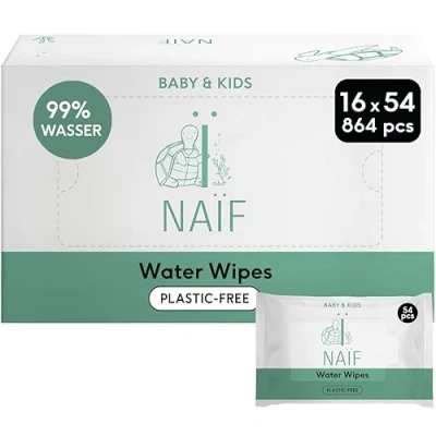 Abbildung von Naïf Plastikfreie Feuchttücher 864 Stück (16er x 54 Feuchttuch) Pflege für Babypo, Körper und Gesicht 99% aus Wasser 0% Parfüm Alkohol Nachhaltige Feuchttücherbox Eukalyptus Sensitiv