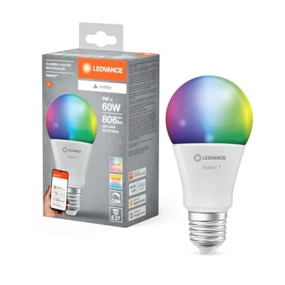 Abbildung von LEDVANCE SMART+ MATTER LED Lampe, kompatibel mit Google, Alexa, Apple, weiße Frost Optik, 9W, 806lm, E27, Farblicht und Weißlicht, App oder Sprachsteuerung, bis zu 20.000 Std.Lebensdauer, single pack