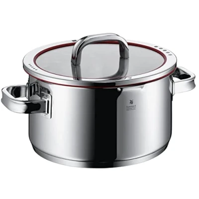 Abbildung von WMF Function 4 Kochtopf groß 24cm, Glasdeckel, Fleischtopf Induktion 5,7l, Cromargan Edelstahl poliert, Abgießfunktionen, Innenskalierung, rot