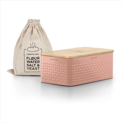 Abbildung von LARS NYSØM Brotkasten I Brotbox aus Metall mit Brotsack Leinen für langanhaltende Frische Brotdose hochwertigem Bambusdeckel verwendbar als Schneidebrett 34x18,5x13,5cm (Blush Rose)