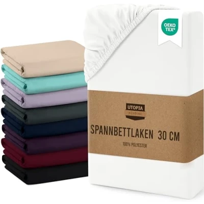 Abbildung von Utopia Bedding Spannbettlaken 180x200cm Bis 30 cm Weiß Gebürstete Mikrofaser Spannbetttuch Oeko Tex Standard 100