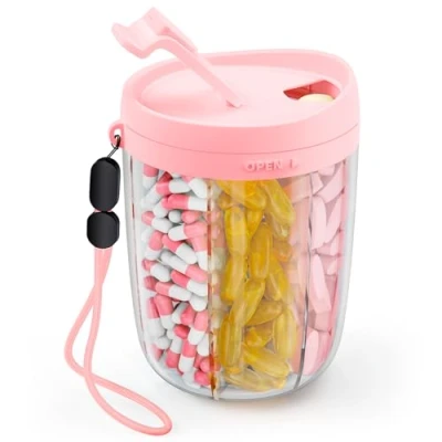 Abbildung von AUVON Tablettenbox Morgens Mittags Abends, Rund Pillendose 6 Fächer mit Großen Separaten Fächern, tragbare Medikamentenbox für Vitamine, Fischöl, Medikamente, Rosa