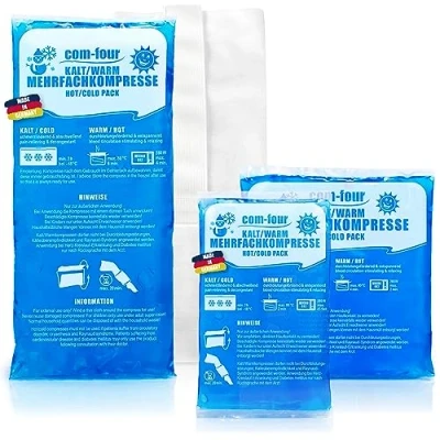 Abbildung von com four® 3X Mehrfach Kompresse in 3 verschiedenen Größen mit Vlies Hülle, Warm &amp; Kaltkompressen Sparpack Kühlpads, Kühlpacks mikrowellengeeignet Made Germany (3 Stück)