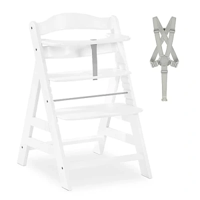 Abbildung von hauck Hochstuhl Alpha+ für Kinder ab 6 Monaten bis 90 kg, inkl. Schutzbügel, 5 Punkt Gurt &amp; Schrittgurt, mitwachsender Kinderhochstuhl aus FSC® zertifiziertem Buchenholz (White)