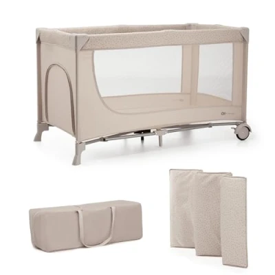 Abbildung von Kinderkraft JOY 2 Kinderbett, in 1 Kinderreisebett, Babybetten, Reisebett, Modernes Design, Kleine Abmessungen nach Zusammenklappe, Räder, Beige