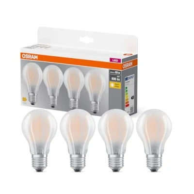 Abbildung von OSRAM LED BASE A60, Vorteilspack mit 4 Leuchtmittel, ersetzt herkömmliche 60W Glühbirnen, 6.5W, warmweiß (2700K), mattes Glas, nicht dimmbar, Birnenform, E27
