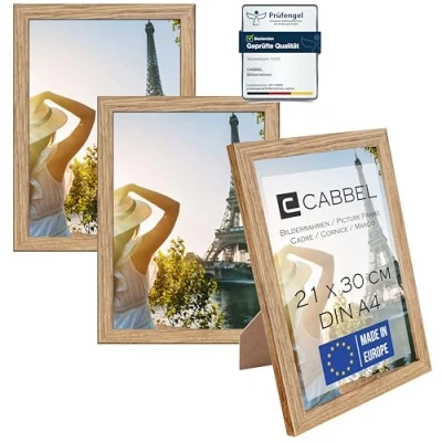 Abbildung von CABBEL 3er Set Bilderrahmen DIN A4 21x30 MDF Holz Rahmen mit bruchsicherem Acrylglas, ideal für Collagen, Portraits &amp; Urkunden in Eiche