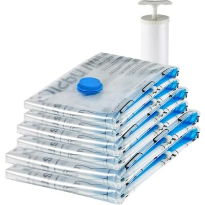 Abbildung von Amazon Basics Vakuumkompressions Aufbewahrungsbeutel mit Handpumpe, Reißverschluss, 6er Pack (2 x Jumbogröße, 2 Größe L, M), Mehrere, Farblos