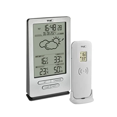 Abbildung von TFA Dostmann Funk Wetterstation Xena, 35.1162, mit Außensensor, Innen und Außentemperatur, Wettervorhersage, inkl Funkuhr, Luftfeuchte, zum Stellen/Hängen