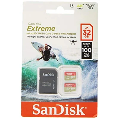 Abbildung von SanDisk Extreme 32 GB microSDhC Memory Card for Action Cameras and Drones with A1 App Performance up to 100 MB/s, Class 10, U3, V30 Twin Pack