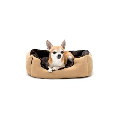 Abbildung von lionto Hundebett mit Wendekissen und Rutschfester Unterseite, Robustes Heimtierkissen tiefem Einstieg für Hunde Katzen jeden Alters, 50x37 cm, kuscheliges Hundekissen, beige/braun