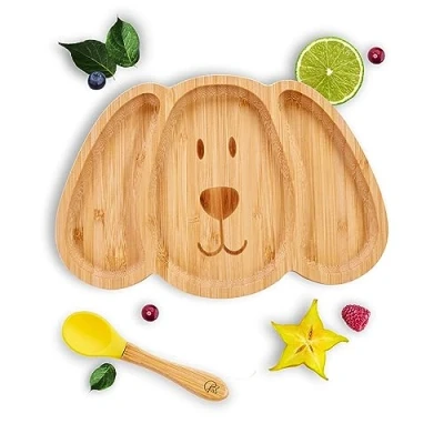 Abbildung von Kleiner Fuchs Hochwertiges Bambus Teller mit Saugnapf, Rutschfestem Saugnapf passendem Baby Löffel Macht Mahlzeiten Spaß, Geschirr Set Geschenkbox Essenlernen Hund Design