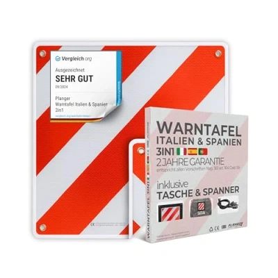 Abbildung von PLANGER® Warntafel Italien und Spanien (Schild + Tasche Spanner) 2in1 (50 x 50 cm) Reflektierendes Warnschild rot weiß für Heckträger u Fahrradträger