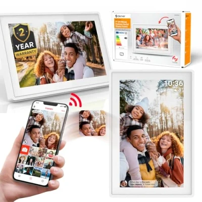 Abbildung von Denver PFF 725W Digitaler Wi Fi Bilderrahmen 7 Zoll IPS Touchscreen, 8GB Speicher, MicroSD Slot, FRAMEO App, Timer Funktion, Inklusive Tischständer, Weiß
