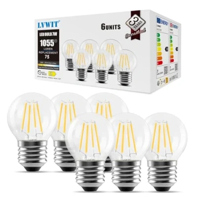 Abbildung von LVWIT 7W E27 Edison Vintage Glühbirne G45, Super Hell 1055LM, 2700K Warmweiß, LED Filament Birne ersetzt 75W Glühlampe, nicht dimmbar, 6er Pack