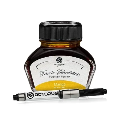 Abbildung von Octopus Fluids Füllhaltertinte im Tintenglas inklusive Konverter, Schreibtinte für Füllhalter, Füllertinte in Mango 30ml mit Tintenkonverter