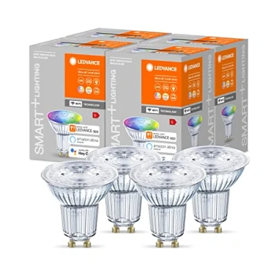 Abbildung von LEDVANCE Smarte LED Reflektorlampe mit WiFi Technologie, Sockel GU10, Lichtfarbe änderbar (2700 6500K), RGB Farben änderbar, Dimmbar, ersetzt Reflektorlampen 50 W, SMART+ SPOT RGBW, 4er Pack