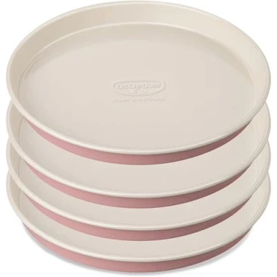 Abbildung von Dr. Oetker Schichtkuchen Backform Baking Retro Design, runde Kuchenform mit zweifarbiger, keramisch verstärkter Premium Antihaftbeschichtung (Farbe: Rosa/Creme), Menge: 4 Stück