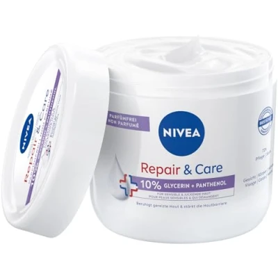 Abbildung von NIVEA Repair &amp; Care Parfümfrei Creme, feuchtigkeitsspendende nicht fettende Körpercreme, schnell einziehende Lotion mit Panthenol Glycerin, für sensible juckende Haut (400 ml)