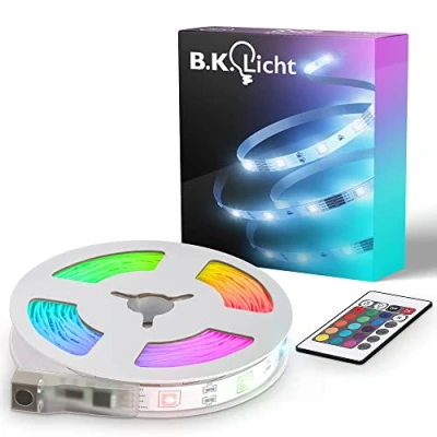 Abbildung von B.K.Licht USB LED Strip 3 m mit Fernbedienung, buntes RGB, dimmbar, Streifen, Leiste, Zimmer deko, Gaming, Band, Lichtleiste, Lichtband, 300x0,2x1 cm, Weiß, innen