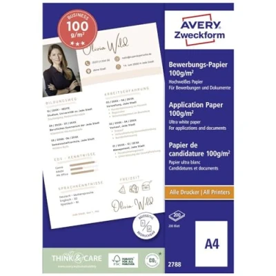 Abbildung von AVERY Zweckform 2788 Inkjet Bewerbungspapier (200 Blatt, 100 g/m², DIN A4 Papier, beidseitig beschichtet, satiniert, für Bewerbungen, Präsentationen &amp; Verkaufsunterlagen, Tintenstrahldrucker)