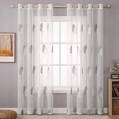 Abbildung von MIULEE Vorhänge mit Grau und Weiß Blätter Muster, Schöne Stickerei Vorhang Transparent, Dekoration Ösen Gardinen Für Wohnzimmer, 2er Set Modern Schlafzimmer Vorhänge, Jeder H 225 X B 140cm
