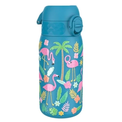 Abbildung von ion8 Kinder Trinkflasche Edelstahl Leicht 400ml Nicht Isoliert Auslaufsicher Einhandöffnung Sichere Verriegelung Spülmaschinenfest Klappdeckel zu Reinigen, Flamingos